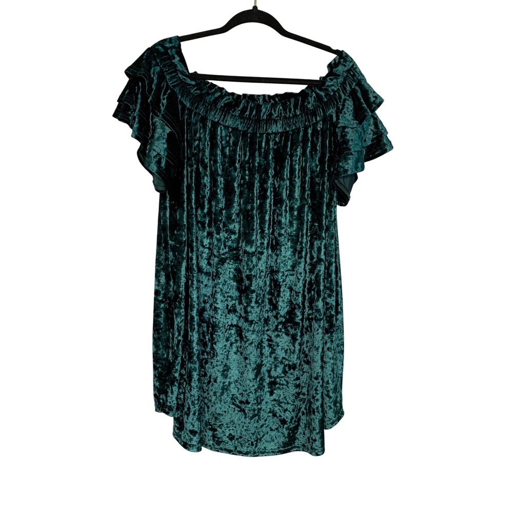 Umgee USA Crushed Velvet Off Shoulder Ruffle Dress Teal Emerald Green XL
